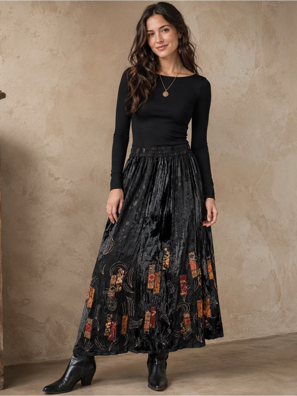 Dark Academia Black Velvet Burnout Patchwork Maxi Skirt Boho Whimsigoth Artsy, S - Picture 16 of 16